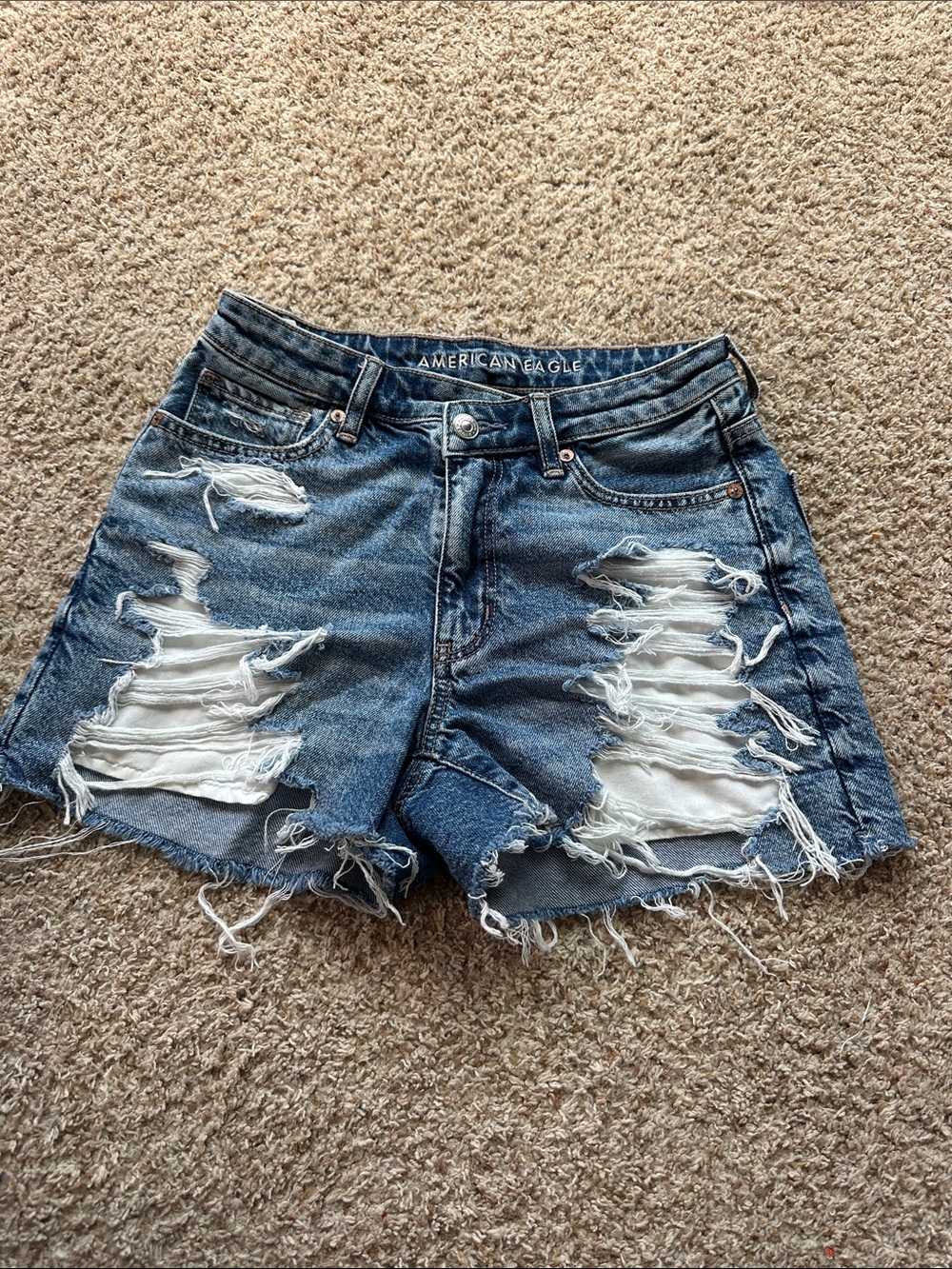American Eagle Outfitters Ripped High-Rise Denim Shorts - Blue